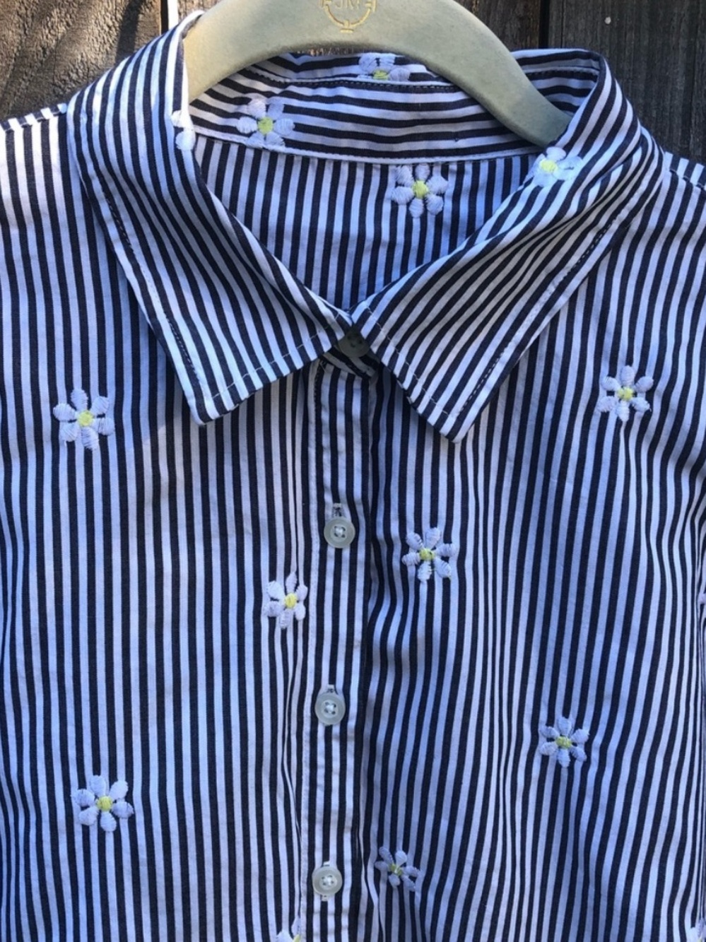 Blue & White Striped Button-Down Shirt with Daisy Embroidery